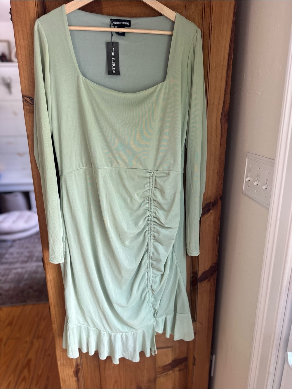 PrettyLittleThing Mint Sage Long Sleeve Ruched Ruffle Dress Size 14 NEW